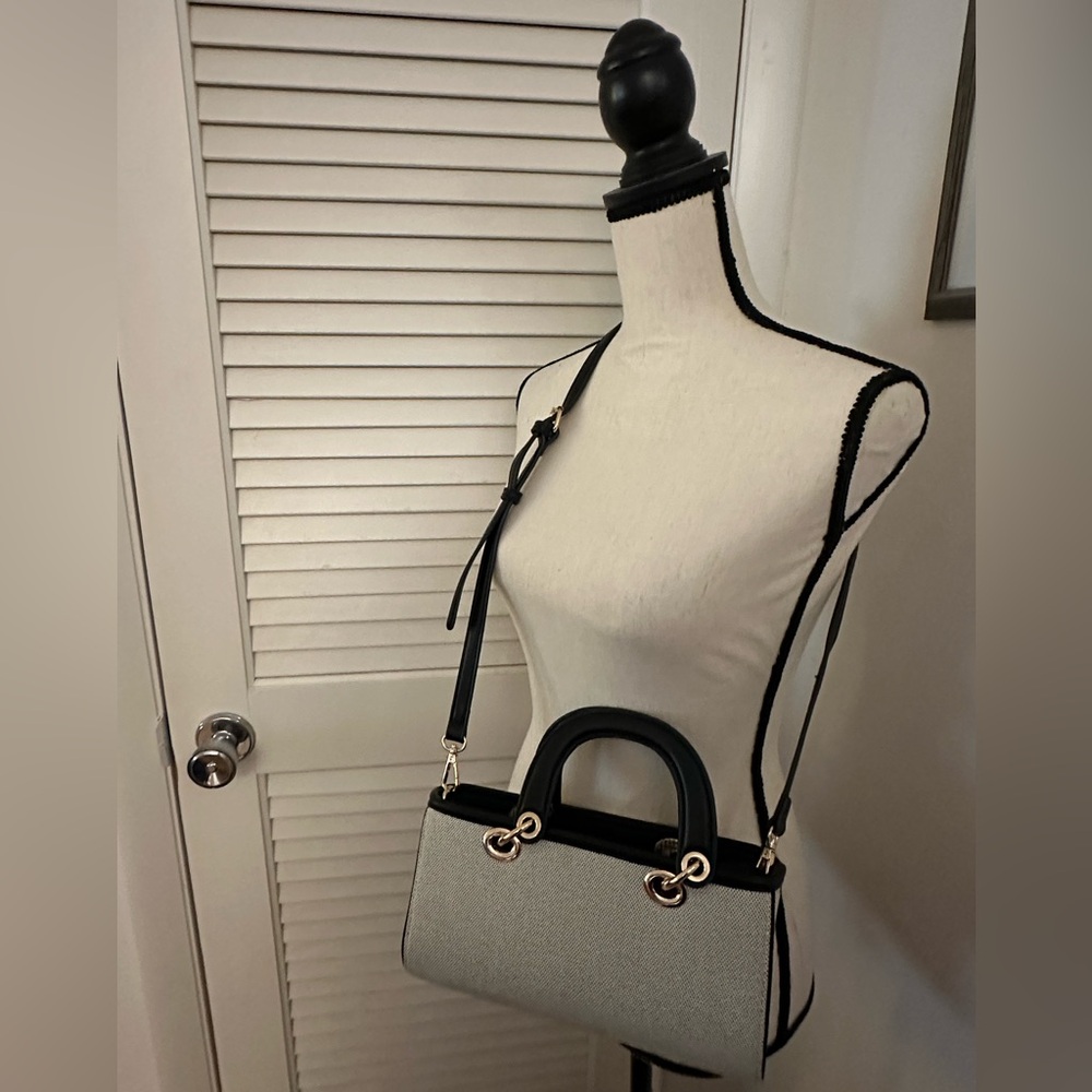 Madison West Classic Black and Linen Fabric Convertible Crossbody Purse